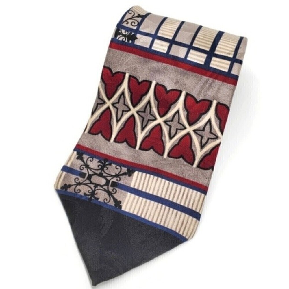 Oscar de la Renta Silk Neck Tie in Black, Grey Red, Blue & Ivory